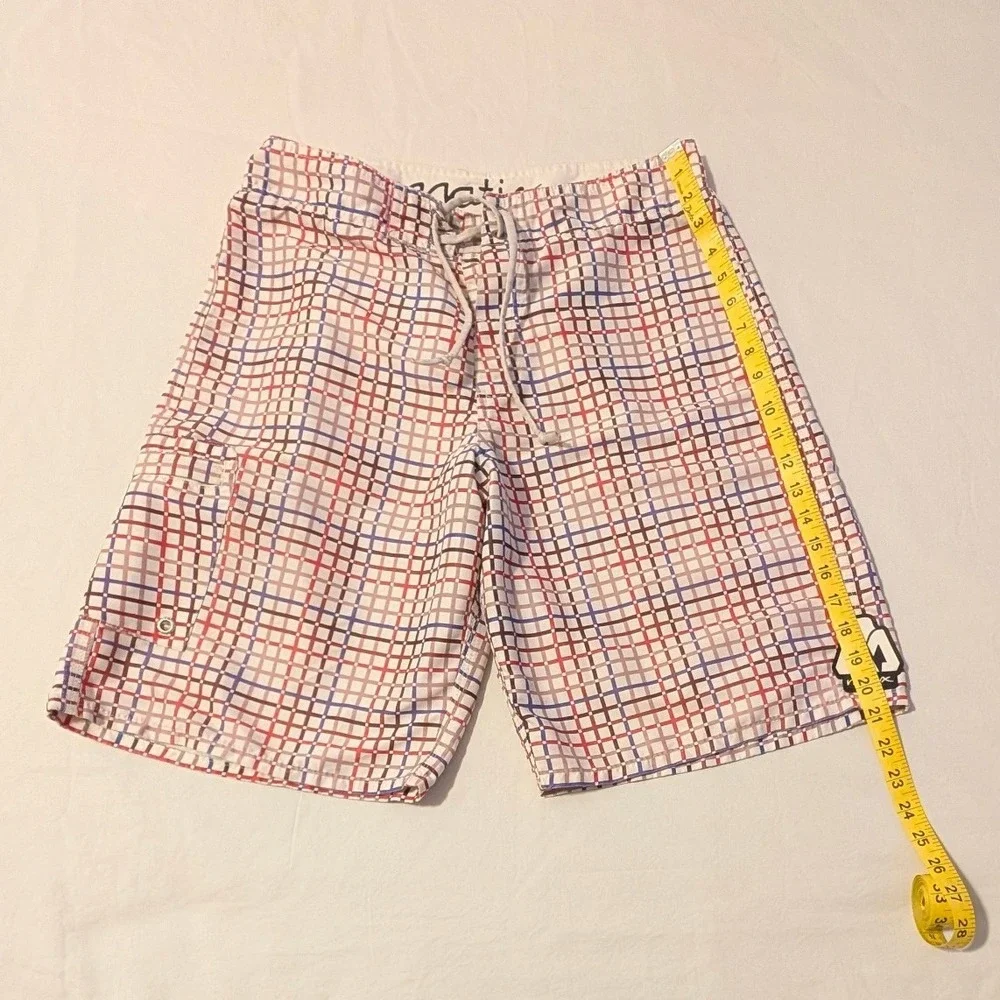 Matix Mens Board Shorts Size 32 White Red Blue Grid Plaid Swim Trunks Surf